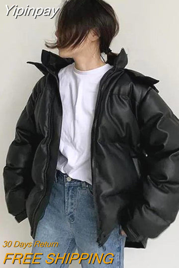 Yipinpay New Hooded Puffer Jacket Women Korean Loose Warm Black Leather Bubble Coats Female Streetwear